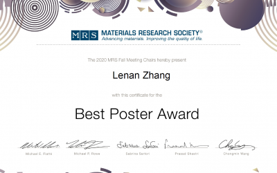 Congratulations to Lenan Zhang for winning the Best Poster Award at 2020 MRS Fall meeting