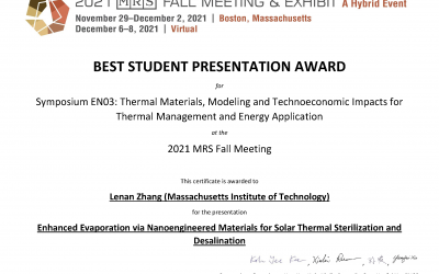 Congratulations to Lenan Zhang for winning the Best Student Presentation Award at the MRS 2021 Fall meeting